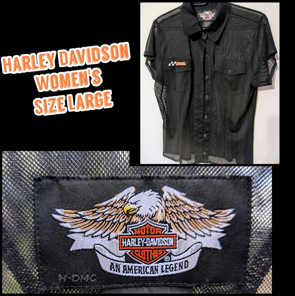 Harley-Davidson Black Mesh/Semi-Sheer, Women's, Button Front Top, Sz. Large/12